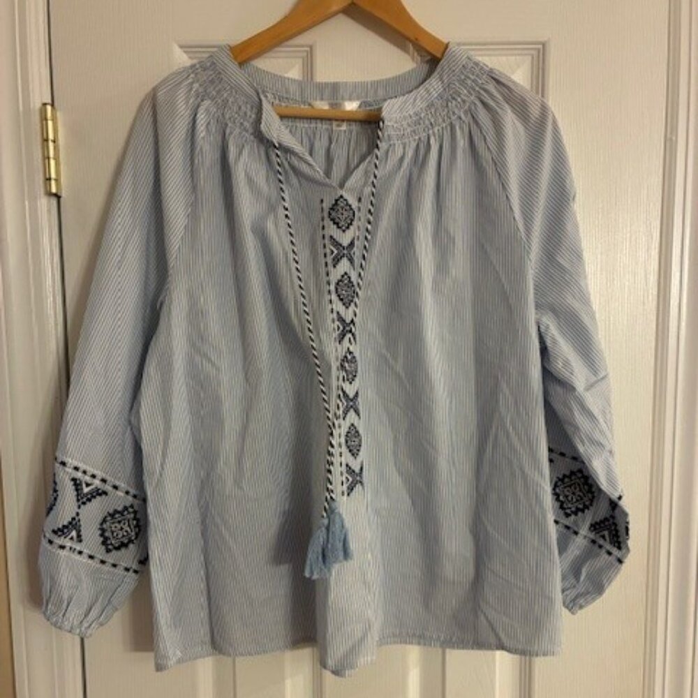 Time & Tru Women's Blue Stripe Embroidered Peasant Cotton Blend Top Blouse XL